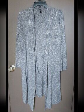 Open-Front Long Grey Ribbed Cardigan Sweater
